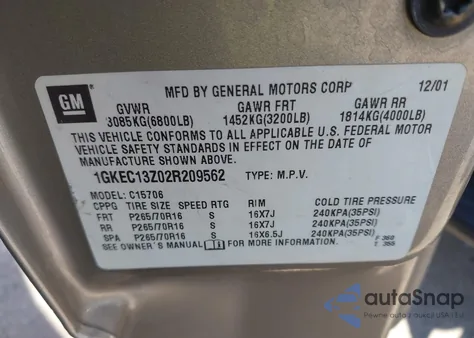 2002 GMC Yukon Sle из США, поврежденный, VIN 1GKEC13Z02R209562